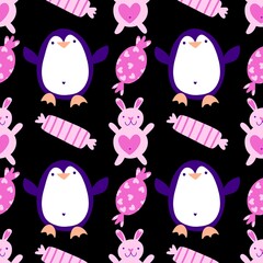 Valentine love hearts seamless 14 February penguin pattern for wrapping paper