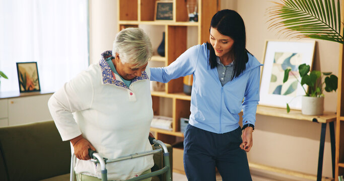 Senior woman, walker and arthritis with physiotherapist for wellness, rehabilitation and help. People, pensioner and support as consultation or recovery in physiotherapy, healthcare service or clinic