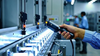 An employee inspecting a finished product under bright lights while a handheld IoT device scans it to retrieve and log final quality checks into a centralized system.