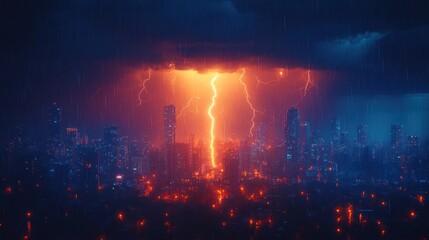 Fototapeta premium A dramatic cityscape illuminated by lightning during a storm, showcasing nature's power.