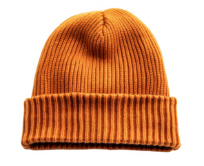 Orange knitted wool winter beanie with ribbed texture and a folded brim. Ideal for keeping warm in cold weather. Isolated on transparent background, png.
