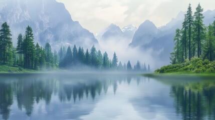 Fototapeta premium Serene Mountain Landscape with Mist and Reflections in Still Water
