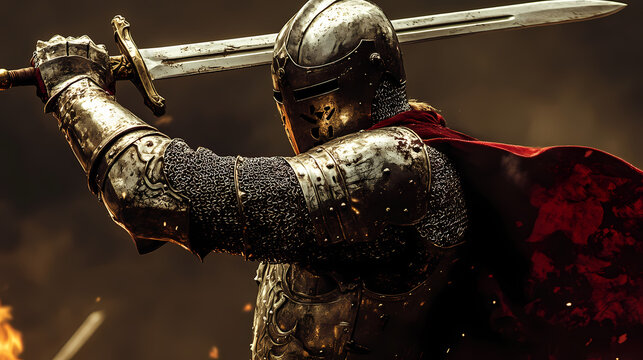 Powerful armored knight wielding legendary swords in epic battle scene. Stalwart. Illustration