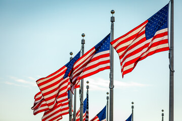 Naklejka premium Several US Flags - Stars and Stripes - Flying on Flag Poles, beautiful Backlight; Copy Space