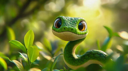 Adorable cartoon green snake in lush jungle setting with big eyes
