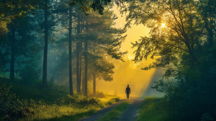 Einzelner Wanderer auf einem verwunschenen Weg in einem goldenen Waldlicht
