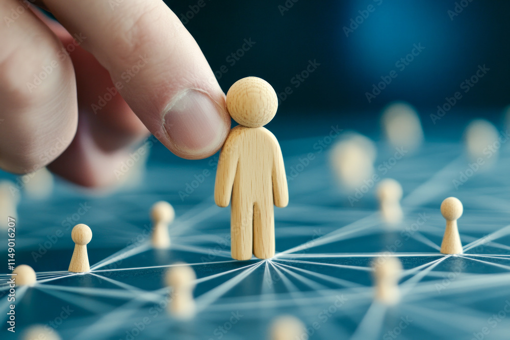 Poster network connection concept with wooden figures on linked surface