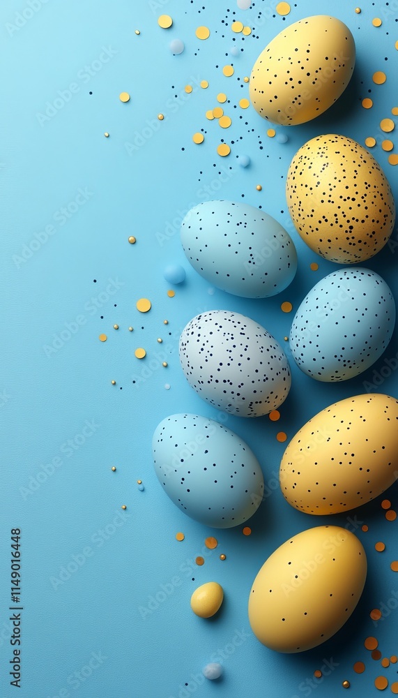 Aufkleber blue and yellow easter eggs with a polka dot pattern on a blue background with space for text