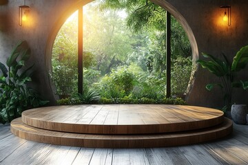 Modern wooden stage in a bright, lush indoor garden setting with large windows.