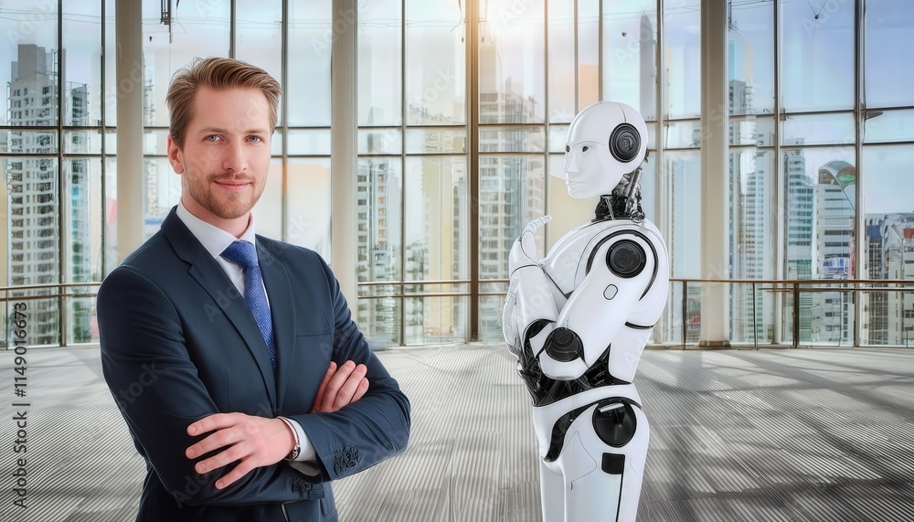 Poster a businessman standing in front of a robot embracing the future of work and technology integration i