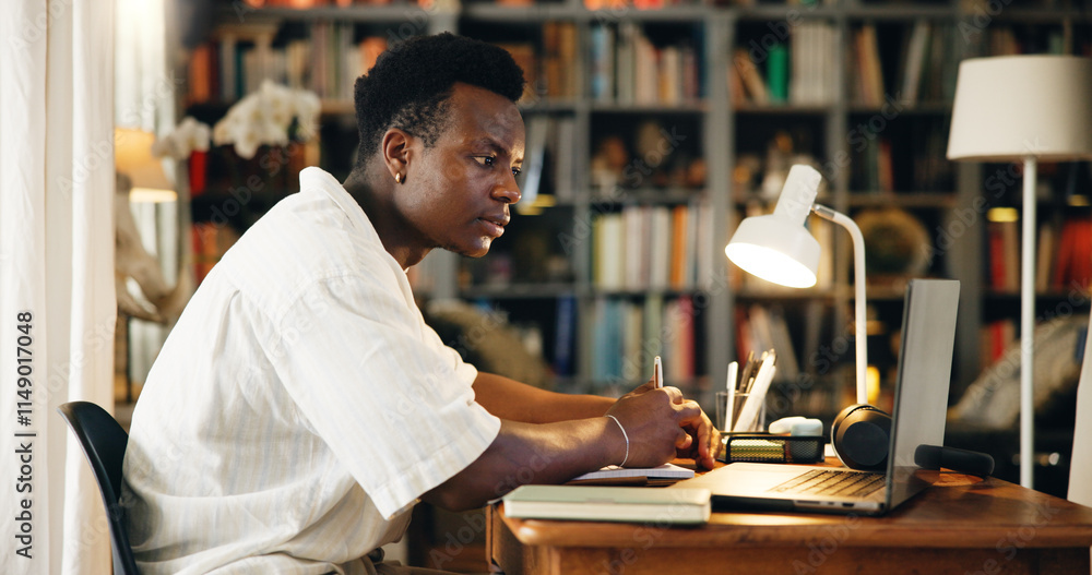 Poster laptop, college and reading with black man in home office for research, online course and scholarshi