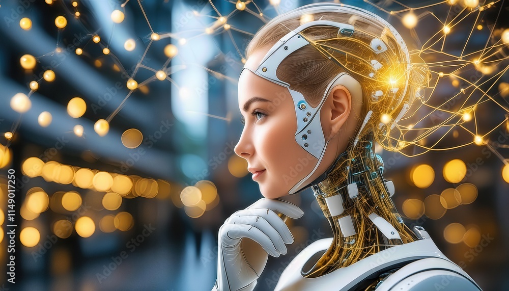 Aufkleber a closeup of a humanoid cyber girl with a neural network the golden robot womans intricate design an