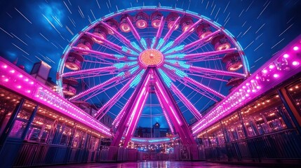 A vibrant ferris wheel illuminated with colorful lights against a dramatic sky.