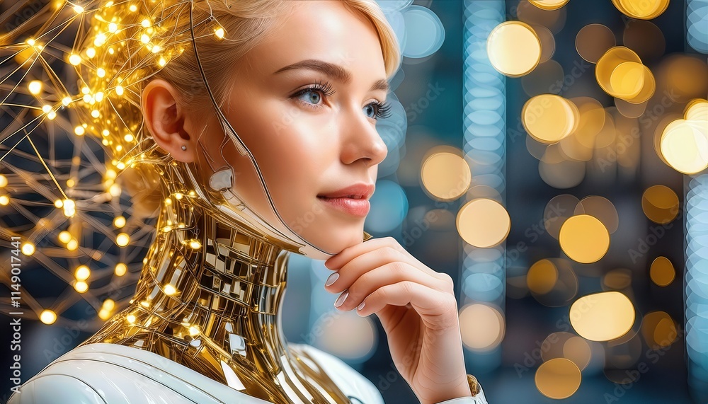 Poster a closeup of a humanoid cyber girl with a neural network exploring the fusion of technology and huma