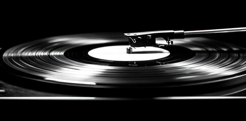 A close-up of a vinyl record player with a stylus poised above the spinning record.