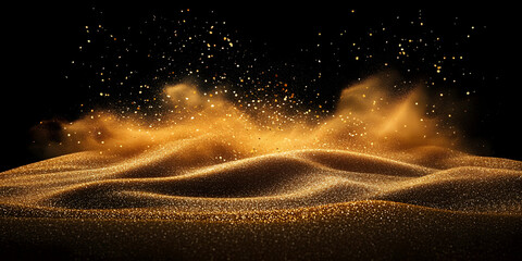 Golden dust and sand on the black background, scattered gold dust, sand effect with glitters and sequins. Wallpaper and banner.