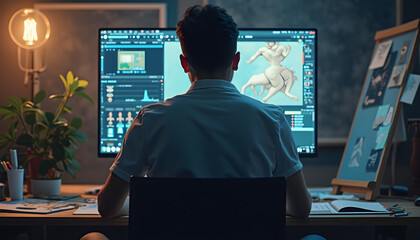 3D artist creating digital models in a modern workspace during the evening hours