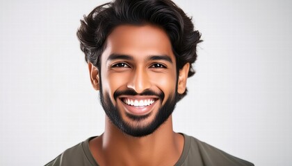 Closeup Portrait of a Handsome Indian Man Smiling Brightly with Clean Teeth, Showcasing Confidence and Charm in a Radiant Expression, Perfect for Dental Health Awareness Campaigns