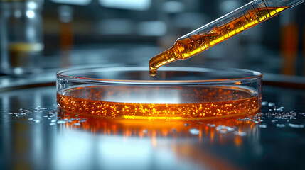 Close-up of a pipette dropping liquid into a petri dish with red solution. Laboratory research and medical science concept
