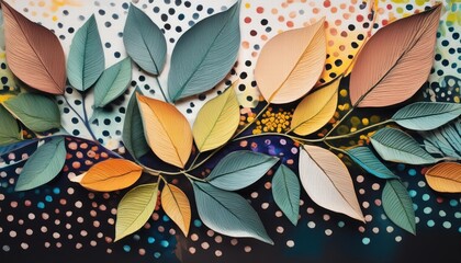 Vibrant Dance of Nature An Abstract Exploration of Leaves and Dots on a Black Canvas