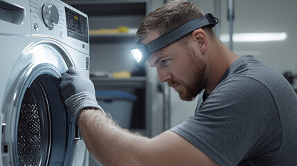maintenance specialist examining washing machine drum alignment