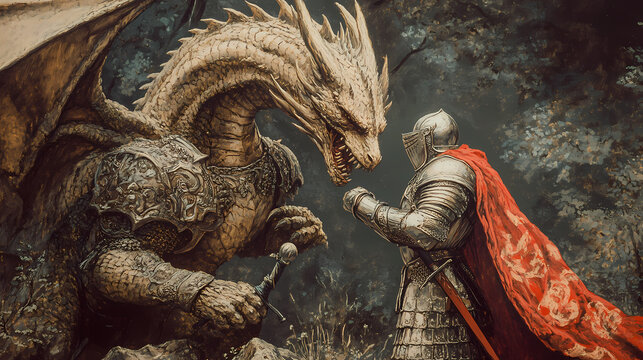A brave knight in shining armor battling a fierce dragon to rescue a damsel in distress,. Stalwart. Illustration