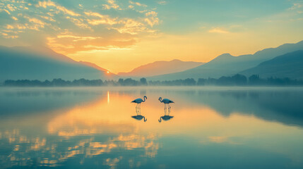 Fototapeta premium Serene sunrise landscape with flamingos in tranquil lake and mountains
