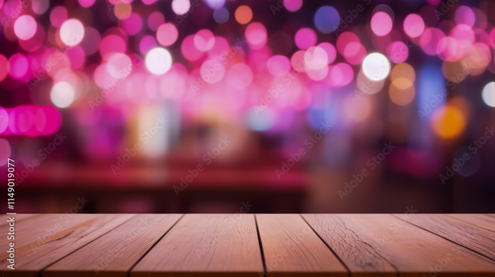 Poster empty wooden table with vibrant bokeh background for display or product placement
