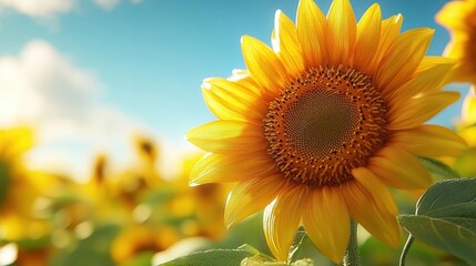 Fototapeta premium A vibrant sunflower in a field, showcasing its bright petals and natural beauty under a blue sky.