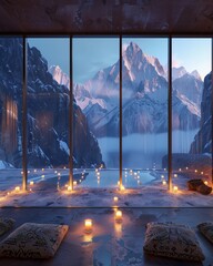 Candlelit Alpine Retreat with Panoramic Mountain Views
"Luxury Wellness Sanctuary Surrounded by Snowy Peaks
Tranquil Meditation Room Overlooking Winter Mountains
Elegant Snowy Spa with Candlelit 
