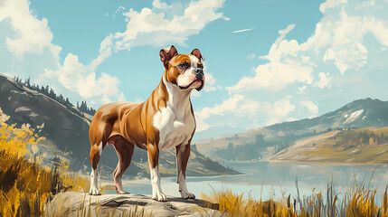 A stalwart dog with a sturdy frame, vibrant coloration, and discerning stare showcases its nimbleness and devotion amidst a picturesque landscape backdrop. Stalwart. Illustration