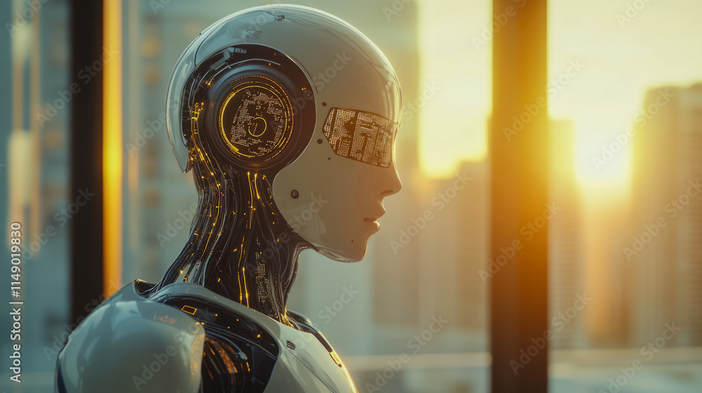 Poster futuristic robot with circuitry design in urban sunset setting