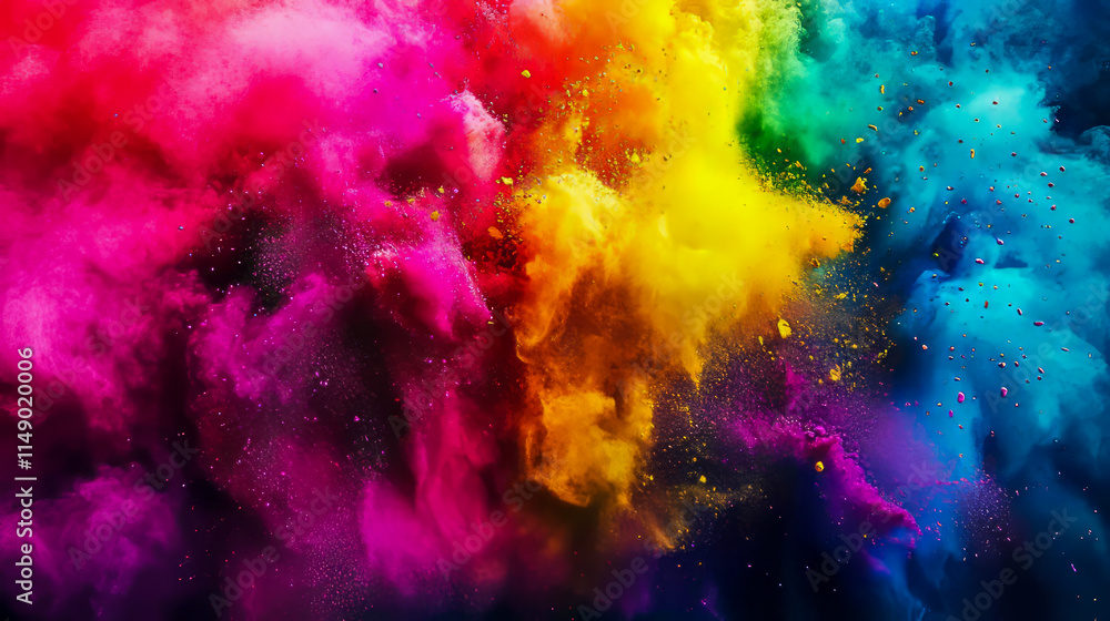 Poster vibrant explosion of multicolored powder creating dynamic abstract artwork