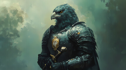 Fototapeta premium An avian knight stands proudly in full armor. Stalwart. Illustration
