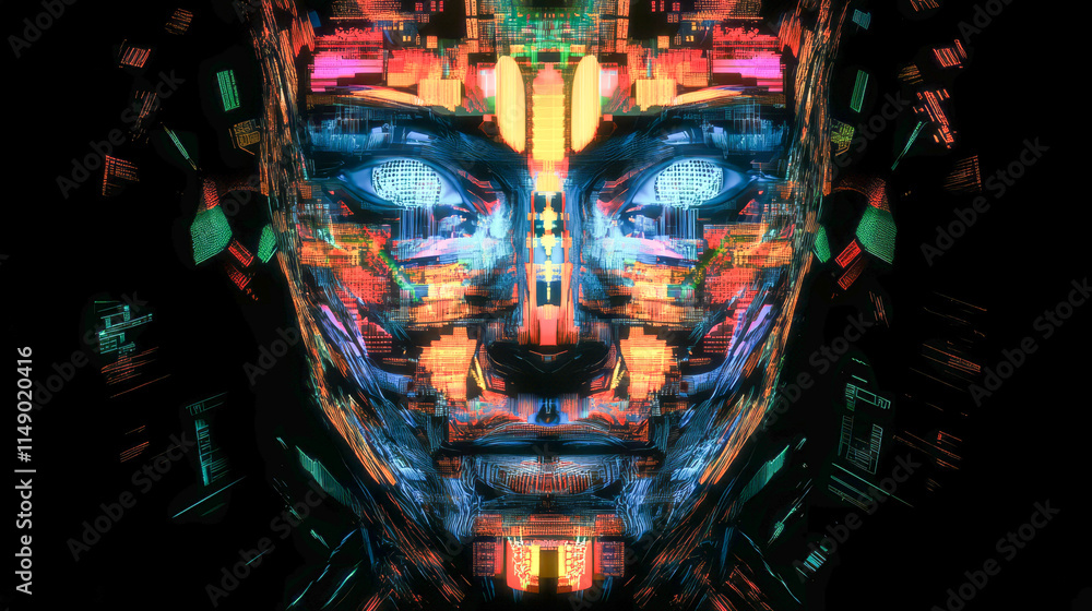 Poster futuristic digital face with neon circuitry and abstract tech patterns