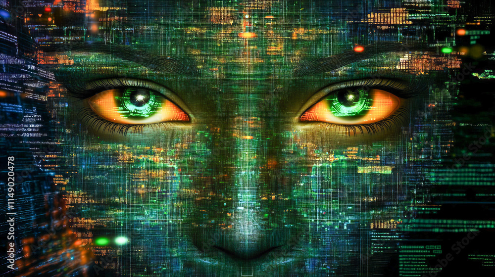 Poster futuristic digital face with green eyes and circuit patterns