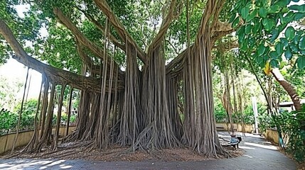 Naklejka premium Majestic Banyan Tree with Exposed Roots in Lush Green Environment