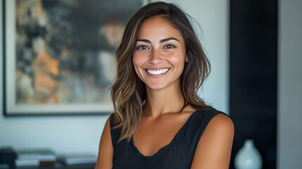 Young hispanic female smiling in casual black top, indoor setting, art background