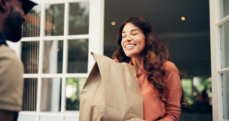 Courier, delivery man or customer with package by home for online shopping order, fast food...