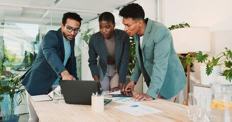 Office, partnership and report feedback for laptop, proposal and research notes with document for...