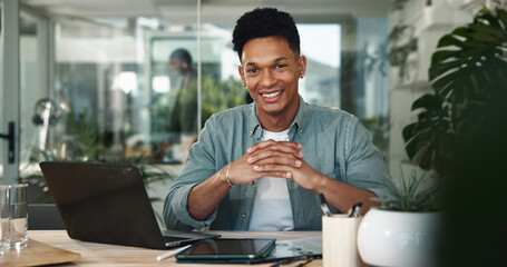 Business man, startup and portrait with smile by laptop, excited or project at media company. Person, happy and editor with confident for career, feedback or decision at creative agency in Costa Rica