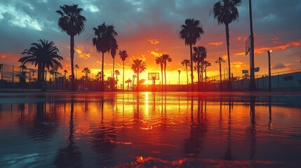 Vibrant sunset over palm trees silhouetted against a basketball court reflecting in wet asphalt.