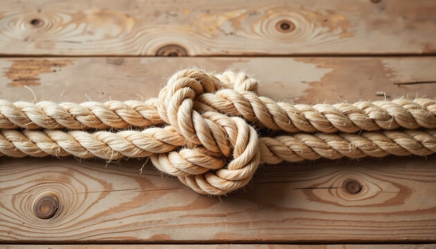 Rustic aesthetic of intertwined ropes tied in a loose knot on wooden surface