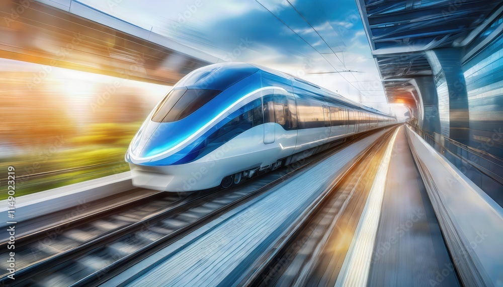 Poster a sleek and modern highspeed train speeding along a track with motion blur capturing its dynamic mov