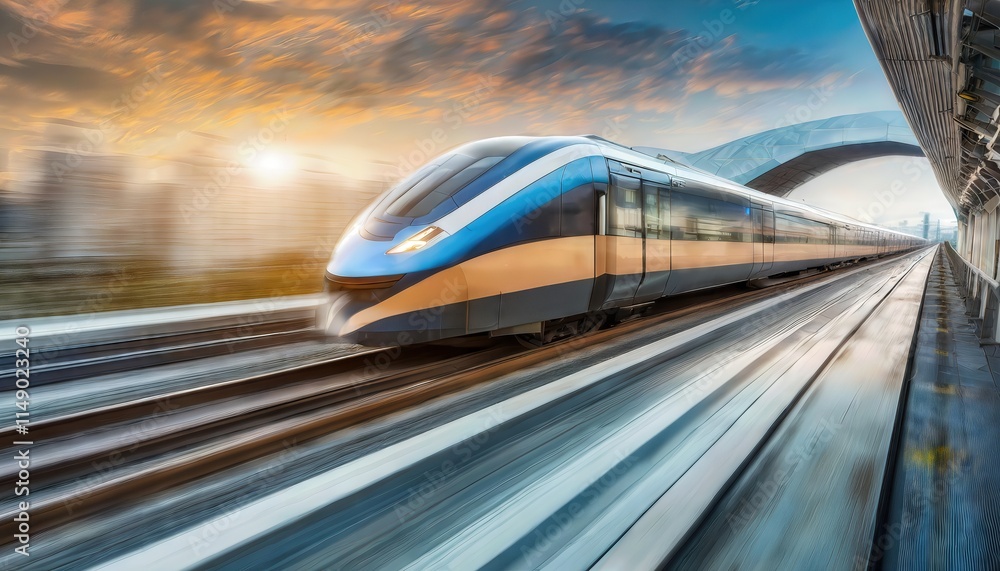 Poster a sleek and modern highspeed train in motion capturing the dynamic essence of rail travel with motio