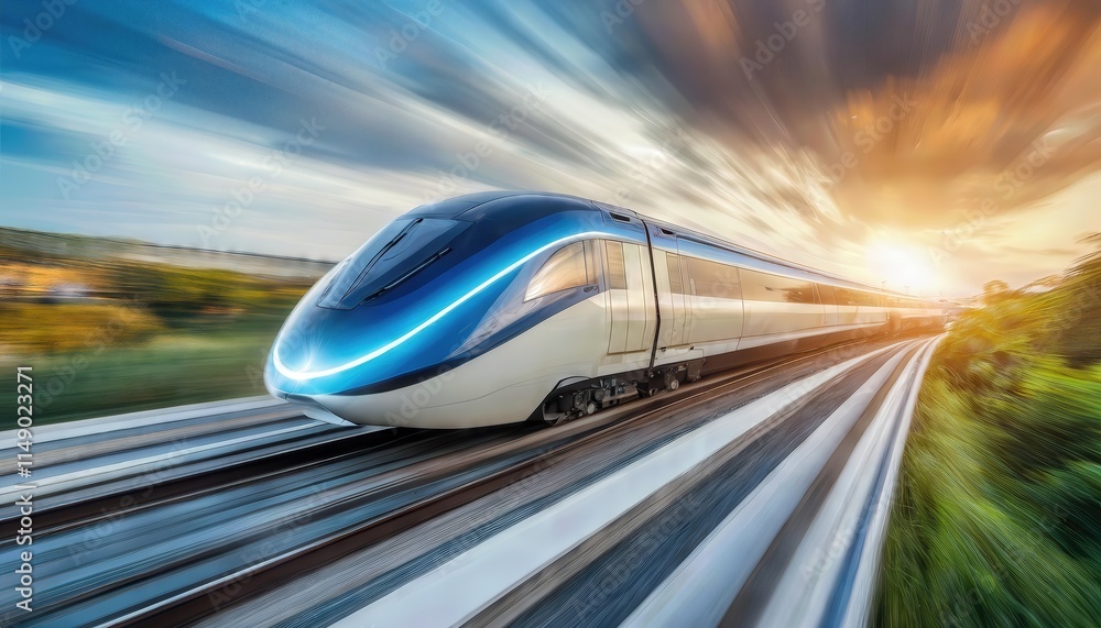 Poster a sleek and modern highspeed train elegantly speeding along a track, showcasing its aerodynamic desi