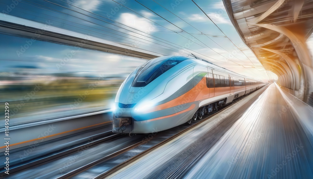Poster a sleek and modern highspeed train captured in motion blur, speeding along a track with dynamic line