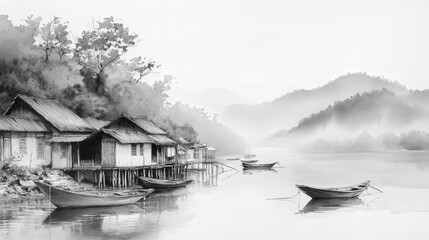 Fototapeta premium Monochrome painting of tranquil riverside village with boats and misty mountains.