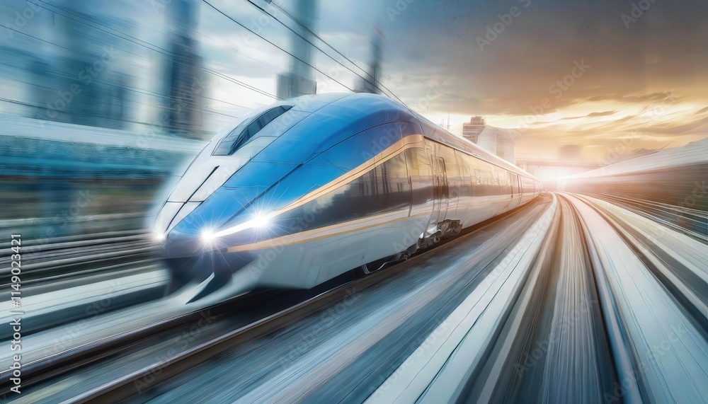 Poster a sleek and modern highspeed train speeding along a track, showcasing advanced engineering and desig
