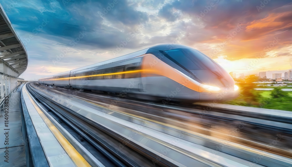 Poster a sleek and modern highspeed train gracefully speeds along a track, showcasing cuttingedge design an